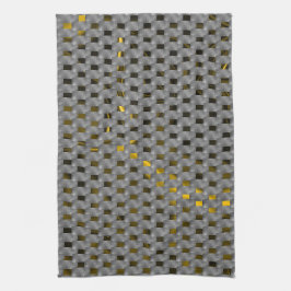 Gelbes Bild unter grauen Tellern, längliche Quadra Geschirrtuch