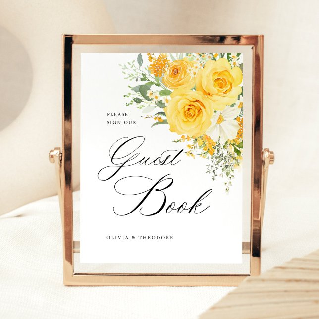 Gelbes Blumen-Rosen-Gästebuch Hochzeitstisch Sockelschild (Yellow rose floral wedding guest book sign, romantic garden wedding reception guest book table sign)