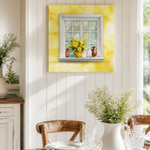 Gelbes Blumengesteck in einem Fenster Leinwanddruck