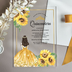 Gelbes Blumenkleid Sonnenblumen Gold Quinceanera Acryleinladungen