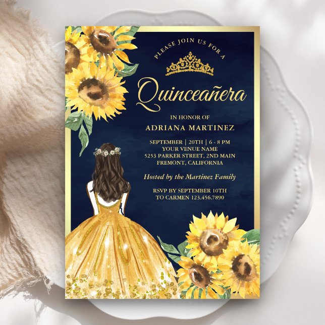 Gelbes Blumenkleid Sonnenblumen Marine Quinceanera Einladung (Von Creator hochgeladen)