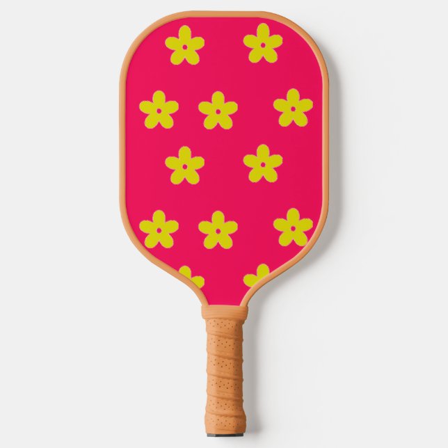 Gelbes Blumenmuster in Rosa Pickleball Schläger (Vorderseite)