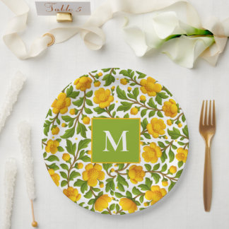 Gelbes Blumenmuster - Personalisiertes Monogramm Pappteller