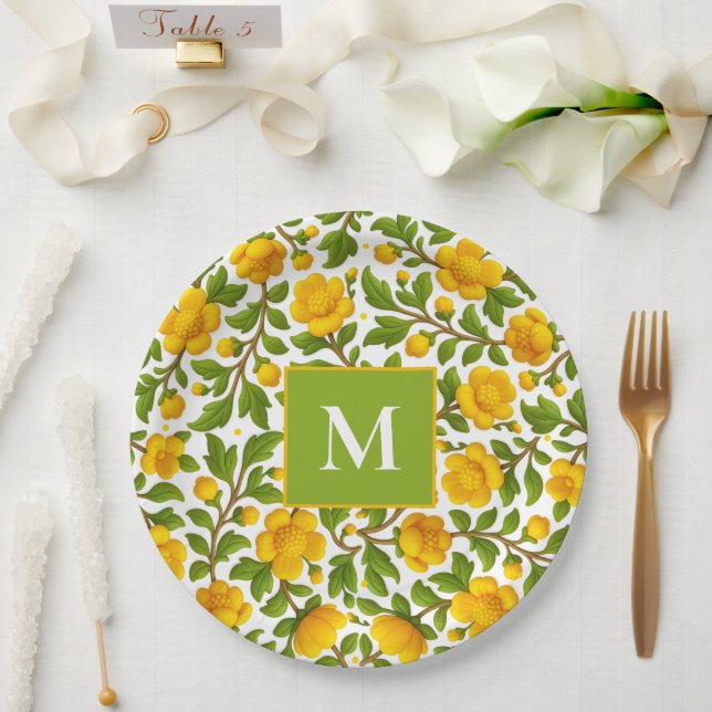 Gelbes Blumenmuster - Personalisiertes Monogramm Pappteller (Hochzeit)