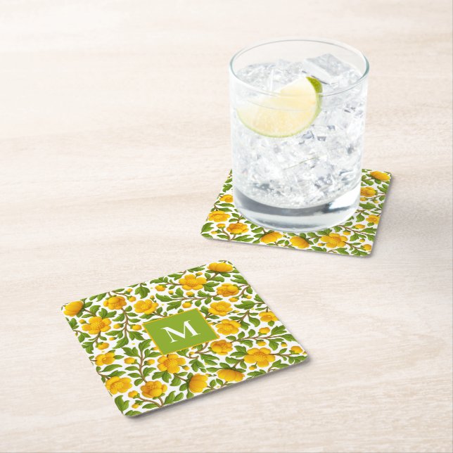 Gelbes Blumenmuster - Personalisiertes Monogramm Rechteckiger Pappuntersetzer (Vor Ort)