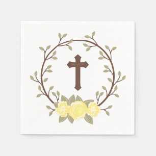 Gelbes Blumenreath Cross Taufe Christening Serviette