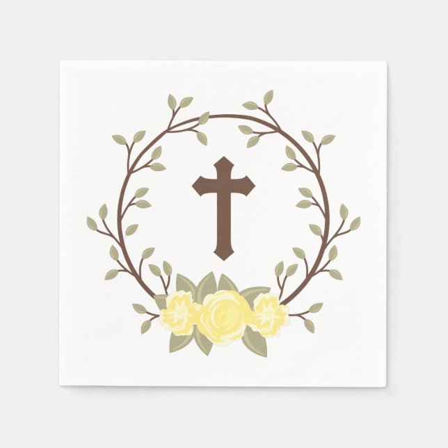 Gelbes Blumenreath Cross Taufe Christening Serviette (Vorderseite)