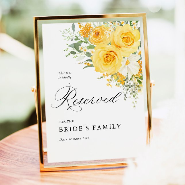 Gelbes Blumenschild "Reservierter Platz" 13x18 cm Poster (Yellow rose floral reserved wedding sign, elegant reserved seating sign, yellow wedding stationery)