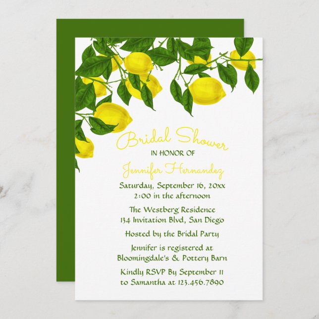 Gelbes Brautparty Lemon und grünes Wasser Einladung (Vorne/Hinten)