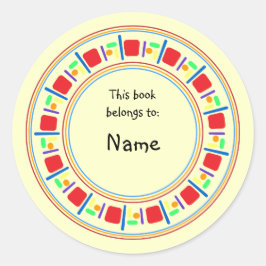 Gelbes Buchzeichen mit farbenfroher Grenze Runder Aufkleber
