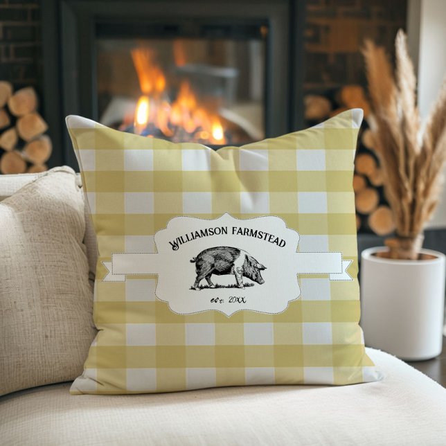 Gelbes Buffalo, Kariertes Schweineblatzkissen Kissen (Yellow Buffalo Plaid Farm Pig Throw Pillow)