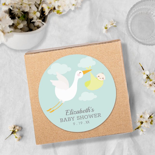 Gelbes Bundle Stork Unisex Baby Dusche Runder Aufkleber (Yellow bundle stork gender neutral baby shower round favor stickers)