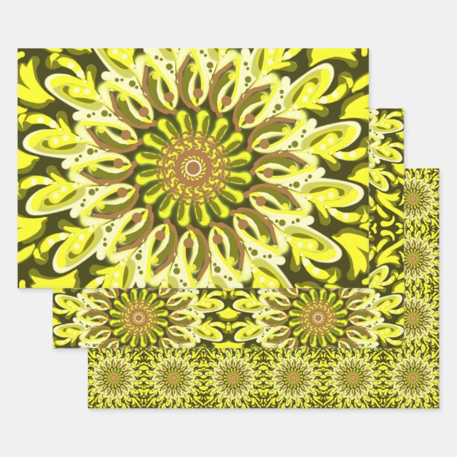 Gelbes Chrysanthemum Gemustert Abstrakt Geschenkpapier Set (Set)