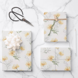Gelbes Cottagecore-Wildblumen-Botanik-Print Geschenkpapier Set