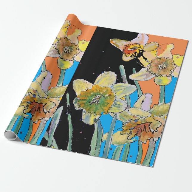 Gelbes Daffodil Blauer Frühling Blumen Kunst, Dich Geschenkpapier (Ungerollt)