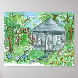 Gelbes Daffodische Hütte Wasserfarben Haus Poster