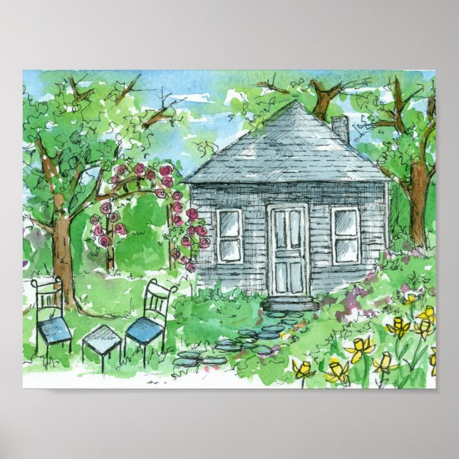 Gelbes Daffodische Hütte Wasserfarben Haus Poster (Vorne)