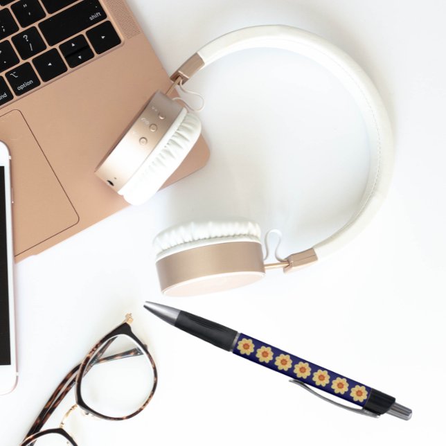 Gelbes Dahlia auf blauem Blumenmuster Kugelschreiber (In Situ)