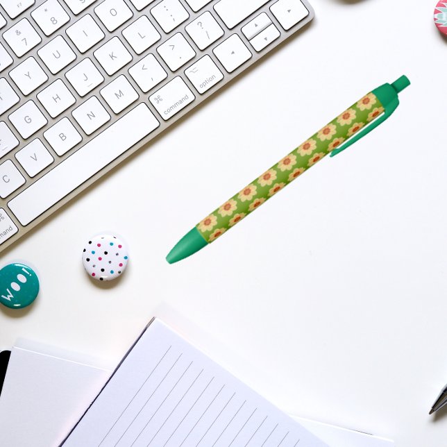 Gelbes Dahlia auf grünem Blumenmuster Kugelschreiber (In Situ)