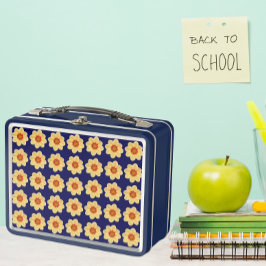 Gelbes Dahlia-Blumenmuster auf blau Metall Brotdose