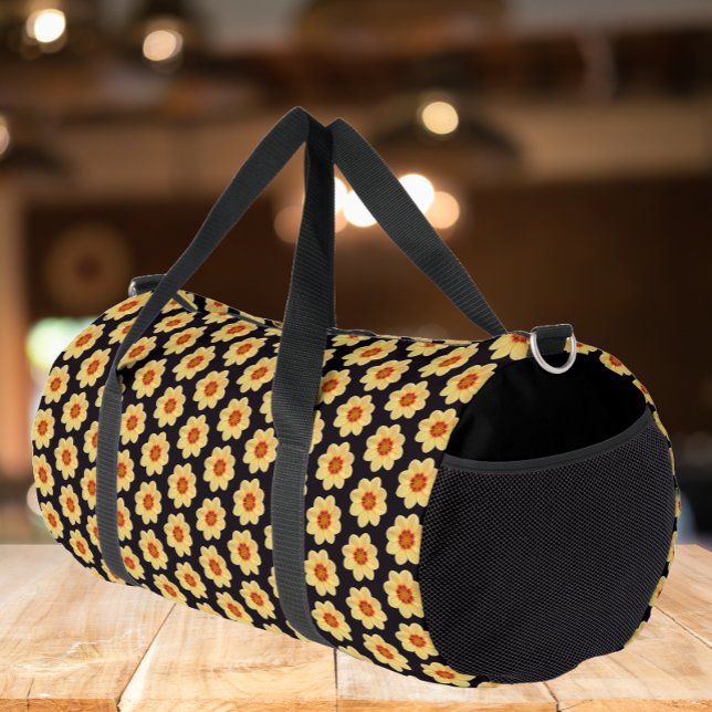 Gelbes Dahlia-Blumenmuster auf schwarz Duffle Bag (Von Creator hochgeladen)