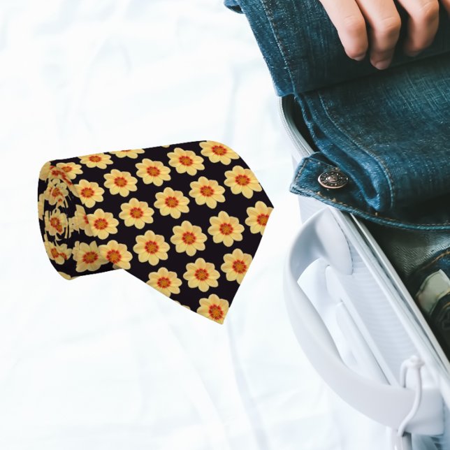 Gelbes Dahlia-Blumenmuster auf schwarz Krawatte (In Situ Rolled)