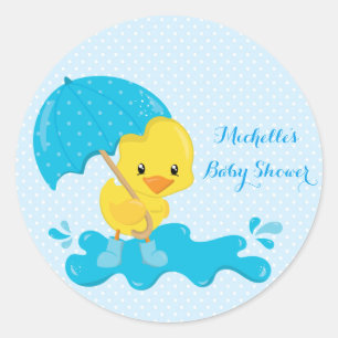 Gelbes Duckling mit blauem Regenschirm und Polka D Runder Aufkleber