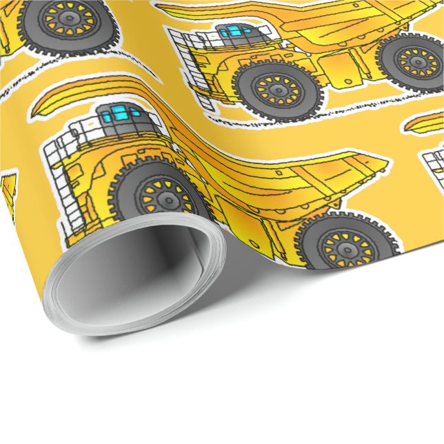 Gelbes Dump Truck Wrapping Paper, Dumper Geschenkpapier (Rolleneckpunkt)