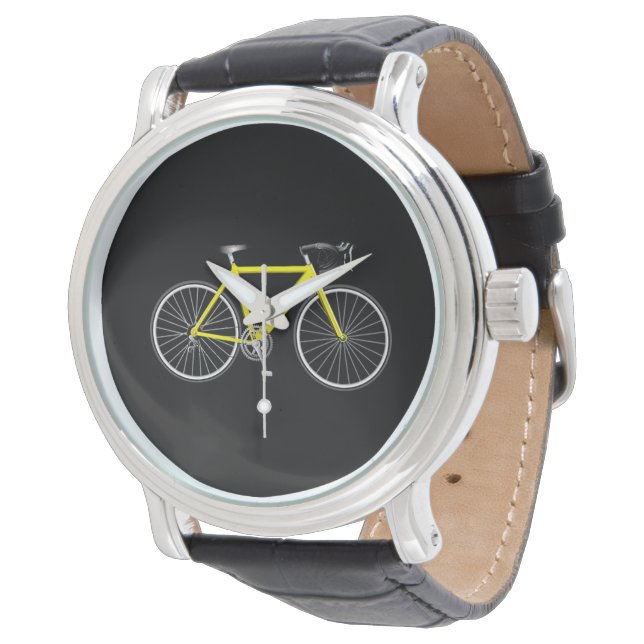 Gelbes Fahrrad auf schwarz Armbanduhr (Schrägansicht)