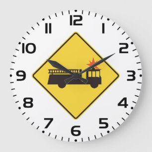 Gelbes Feuerwehrauto Warnschild Große Wanduhr