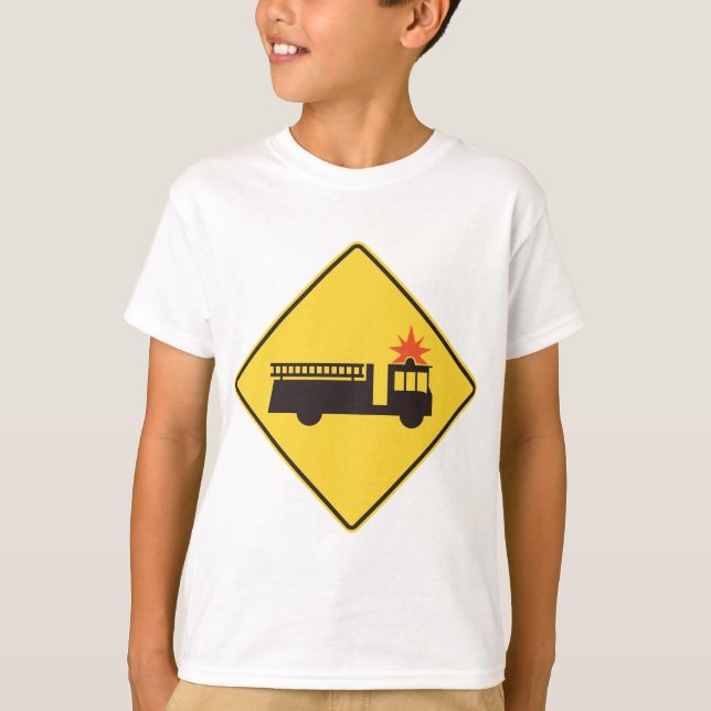 Gelbes Feuerwehrauto Warnschild T-Shirt (Vorderseite)