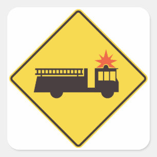 Gelbes Feuerwehrwagen-Warnschild Quadratischer Aufkleber