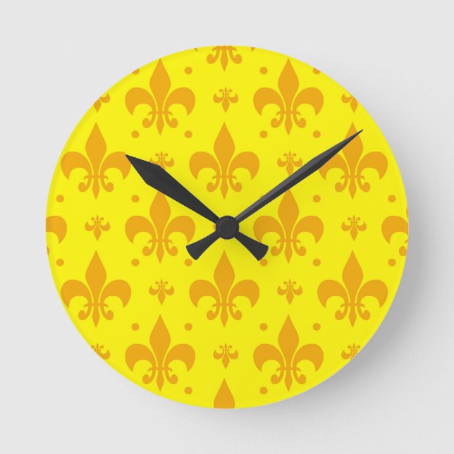 Gelbes Fleur-de-lis-Muster Runde Wanduhr (Vorderseite)