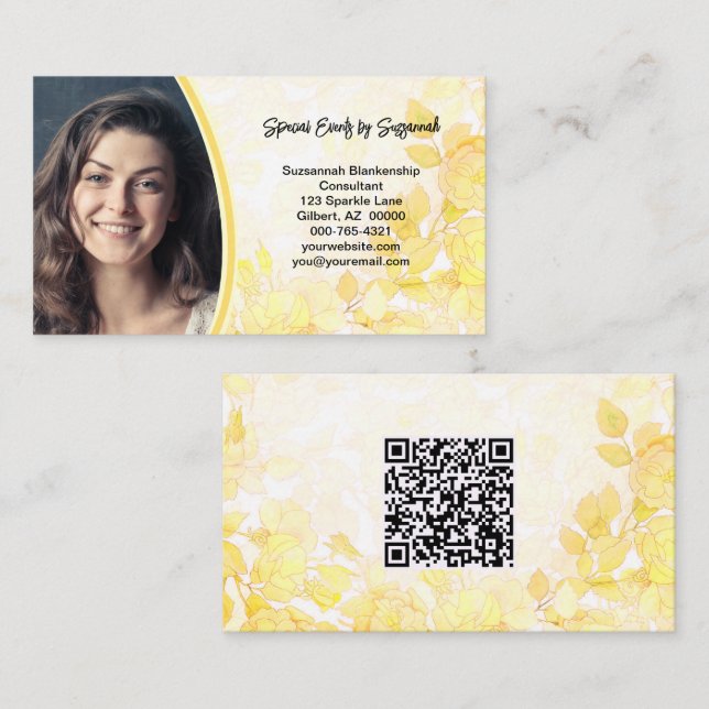 Gelbes florales Foto mit QR-Code Visitenkarte (Vorne/Hinten)