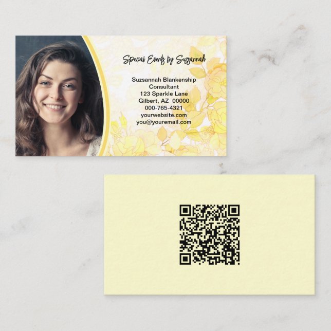 Gelbes florales Foto mit QR-Code Visitenkarte (Vorne/Hinten)