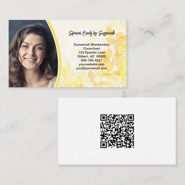 Gelbes florales Foto mit QR-Code Visitenkarte (Vorne/Hinten)