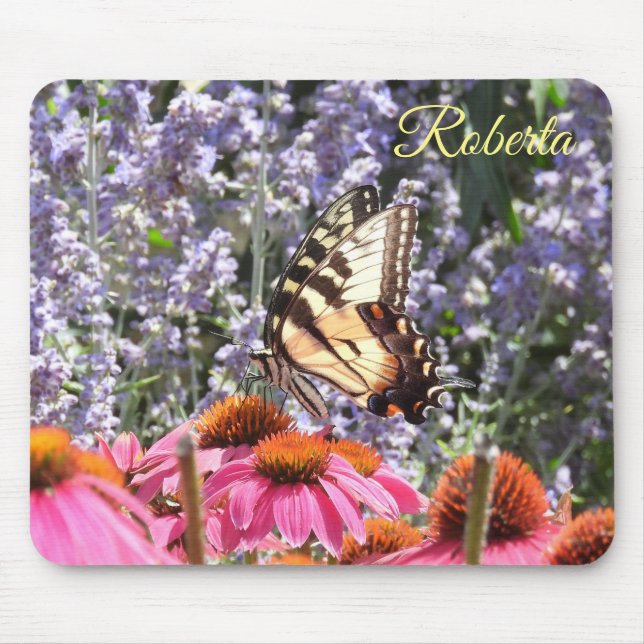 Gelbes Frack Schmetterling, rosa n Lila Blume Mousepad (Vorne)