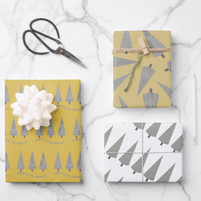 Gelbes frommes Weihnachts-Hahnentrittmuster Baummu Geschenkpapier Set (Vorderseite)