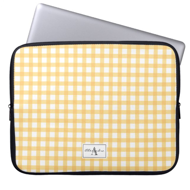 Gelbes Gingham-Kariert-Prüfmuster-Monogramm Laptopschutzhülle (Vorderseite)