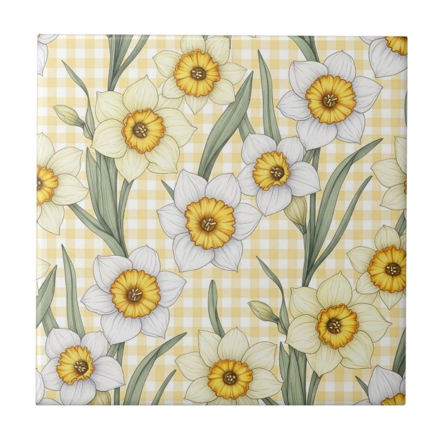 Gelbes Gingham-Narzissen-Blumenmuster Fliese (Vorderseite)