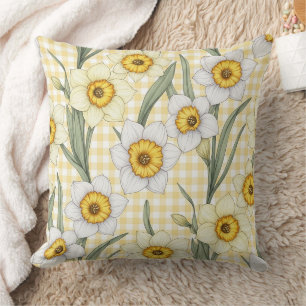 Gelbes Gingham-Narzissen-Blumenmuster Kissen
