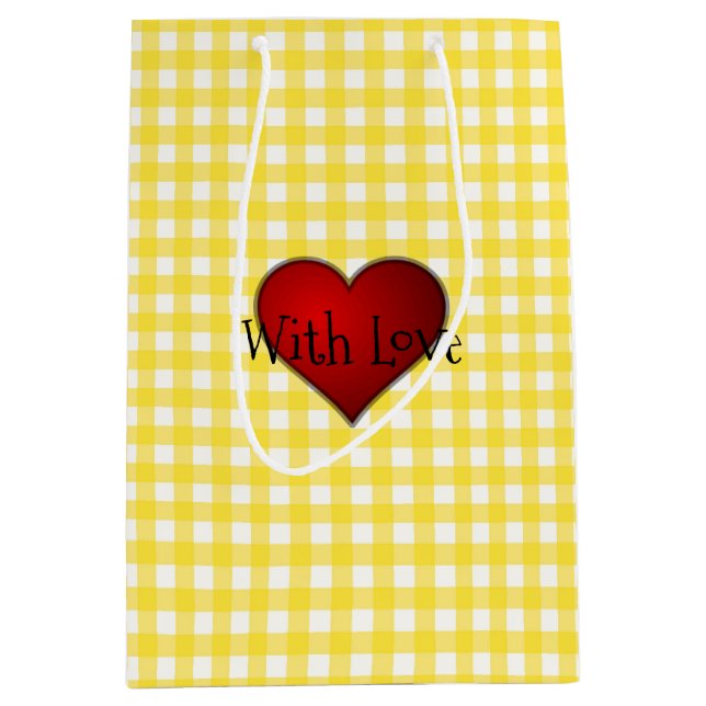 Gelbes Gingham Rotes Herz mit Liebe Mittlere Geschenktüte (Vorderseite)