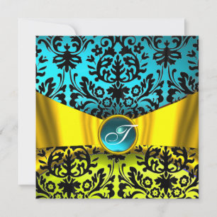 GELBES GOLD BAND TEAL BLAU SCHWARZER DAMAST MONOGR EINLADUNG