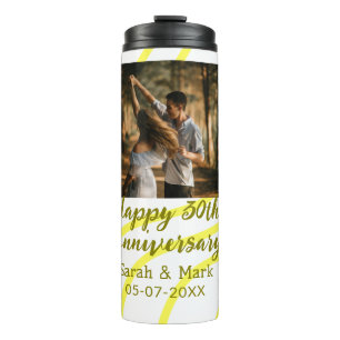 Gelbes goldenes Foto 30. Hochzeitstag Name Thermosbecher