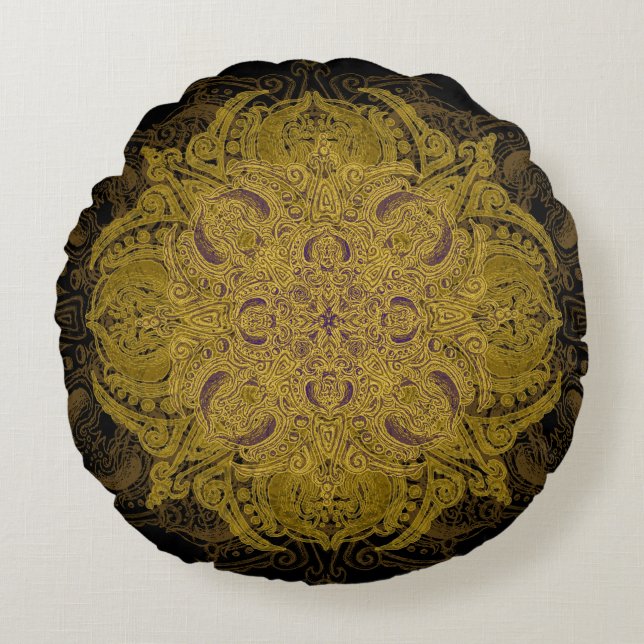 Gelbes Goldmit filigran geschmückte Mehndi Mandala Rundes Kissen (Vorderseite)
