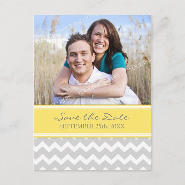 Gelbes graues Foto Save the Date Hochzeitskarten Ankündigungspostkarte (Vorderseite)