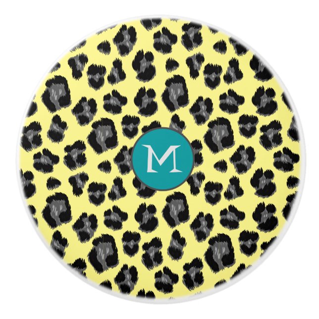 Gelbes graues Leopard-Printmonogramm Keramikknauf (Vorderseite)