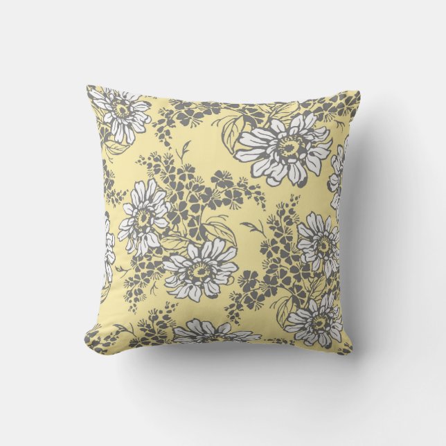Gelbes graues Weiß-dekoratives mit Blumenkissen Kissen (Vorderseite)