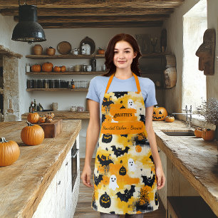 Gelbes Halloween mit Geistern, Kürbissen und Flede Schürze