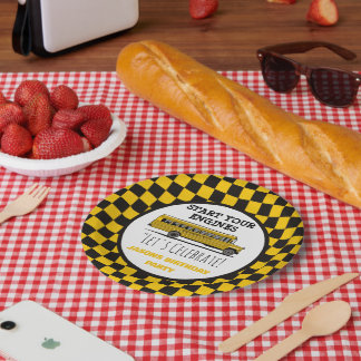 Gelbes Haltestellenschild für Jungen-Geburtstag Pappteller